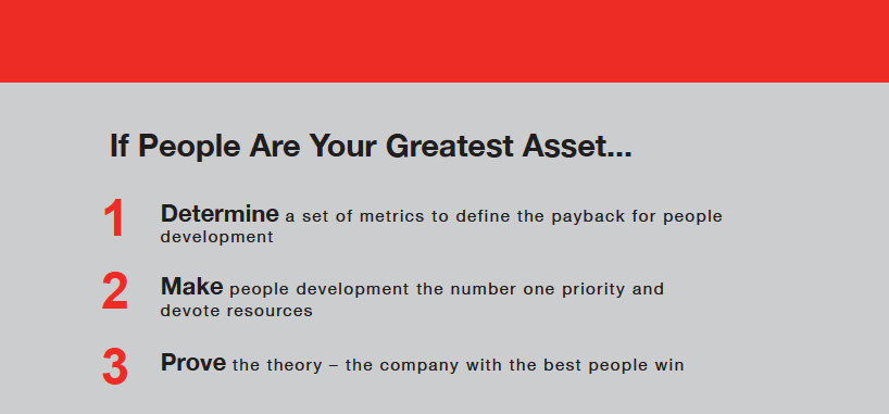 A graphic listing out three steps (determine, make, and prove) that need to be done if a company considers their people their greatest asset.